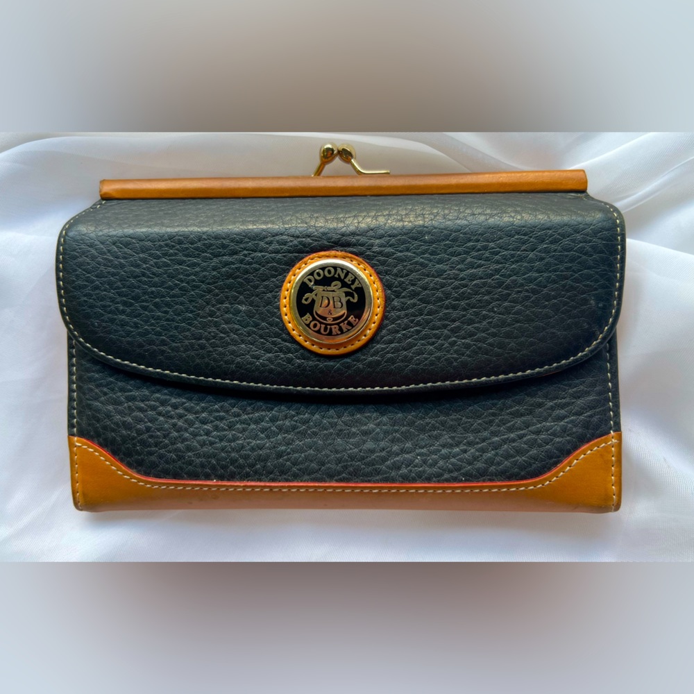 Dooney & Bourke Trifold Wallet Checkbook Navy Blue and Brown Pebblestone Leather